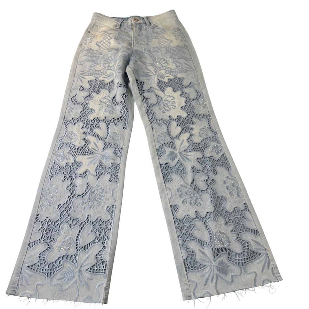 Bayeas Rare Floral Lace Cut Out Rhinestone Wide Leg Denim Jeans women 26
